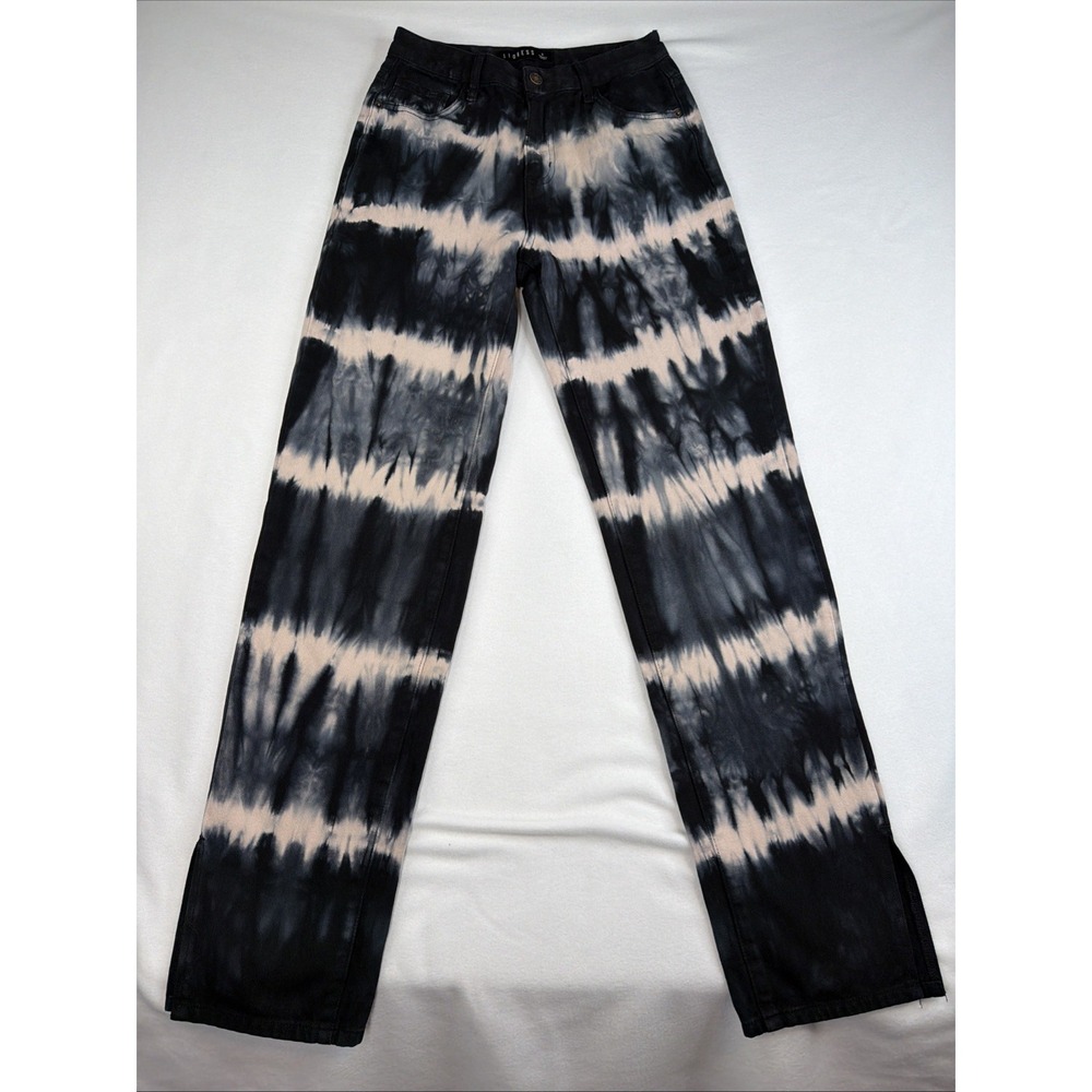Lioness Womens Tie Dye Jeans Black White High Rise Wide Straight Leg 100% Cotton